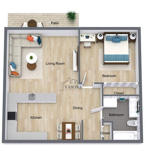 Floor plan for 1 bed, 1 bath, 650 sqft